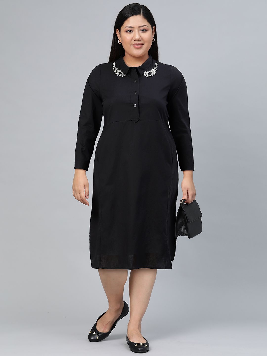 W Embroidered Shirt Collar Pure Cotton A-Line Midi Dress