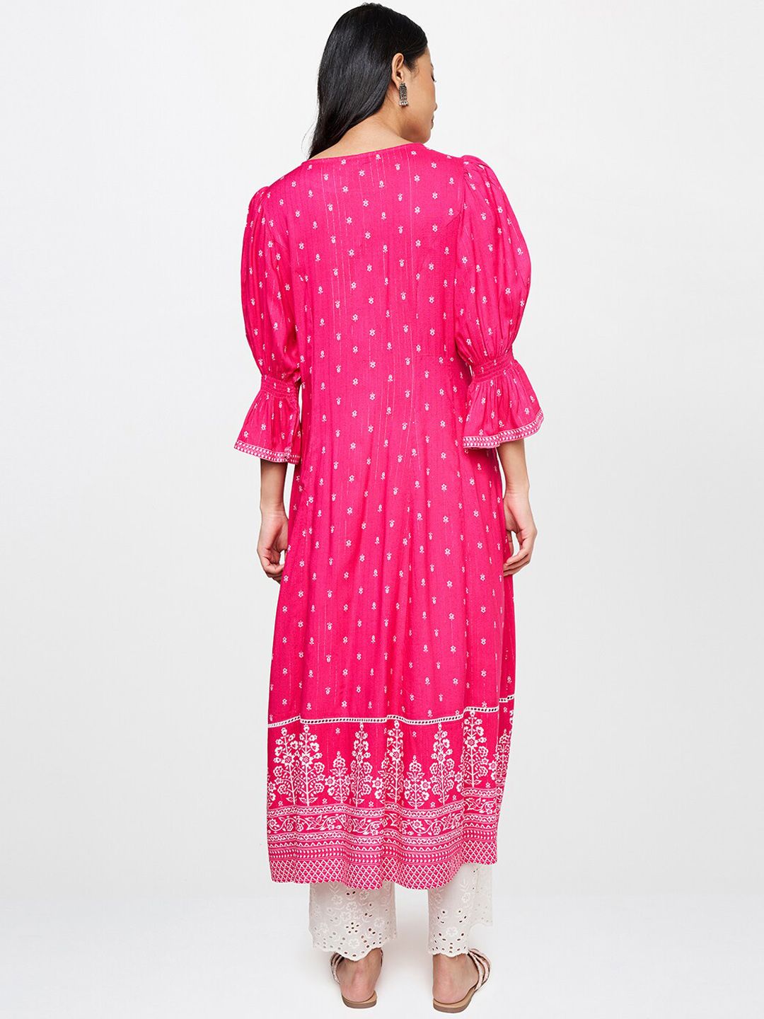Global Desi Women Pink Printed Bell Sleeves Anarkali Kurta