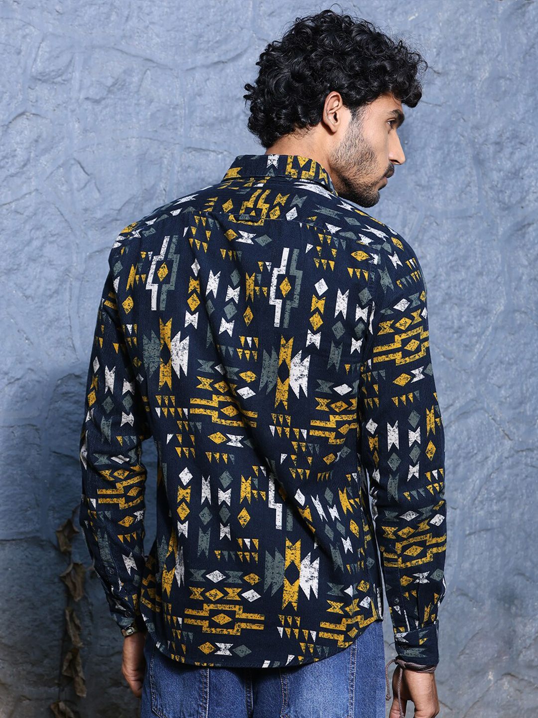 Thomas Scott Premium Slim Fit Geometric Printed Pure Cotton Corduroy Casual Shirt