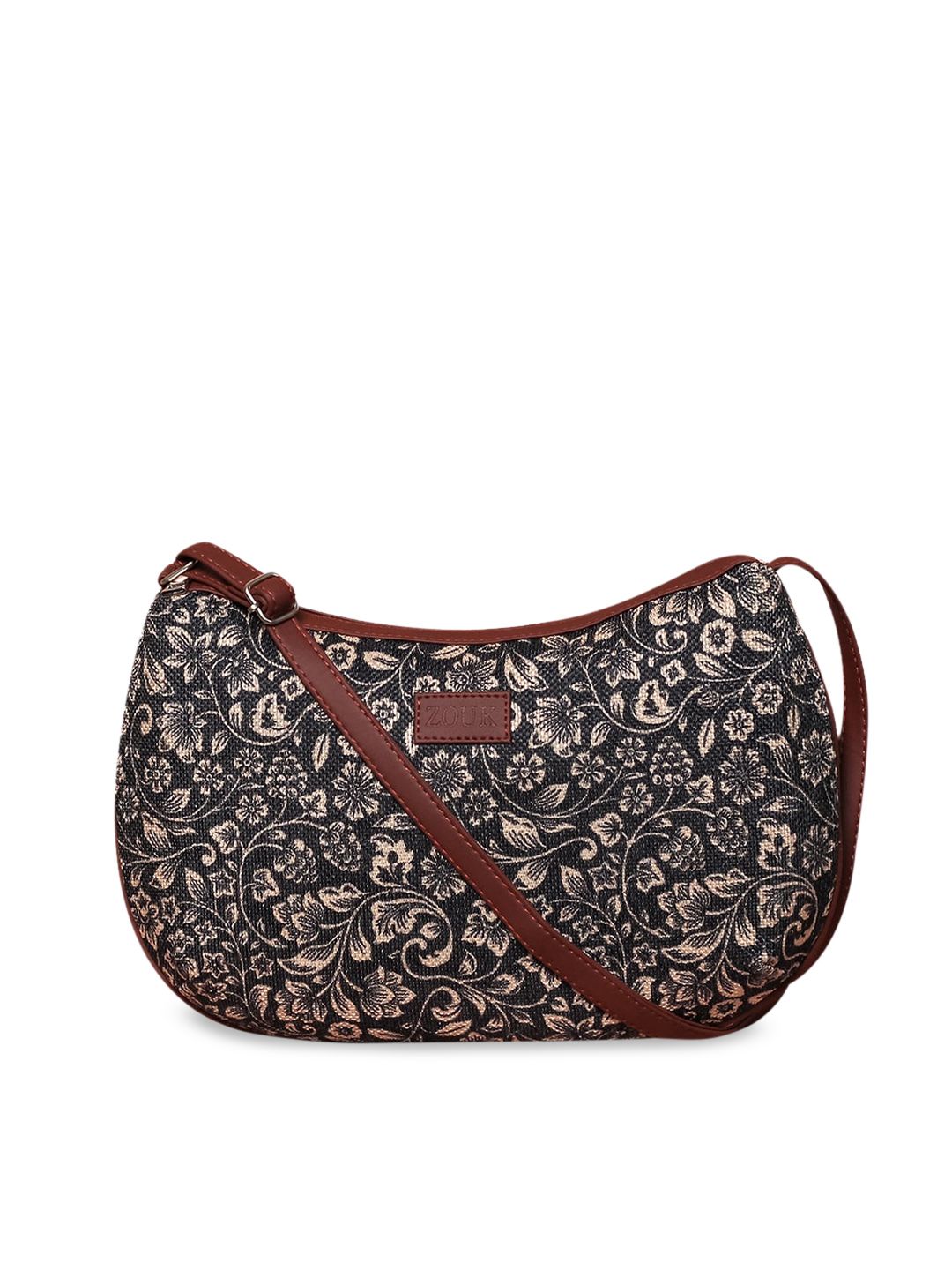 ZOUK Black Floral Printed Half Moon Sling Bag