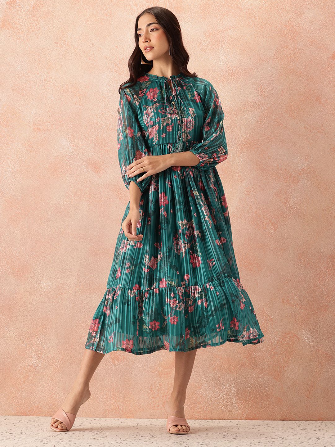 all about you Floral Print Tie-Up Neck Puff Sleeve Fit & Flare Midi Dress