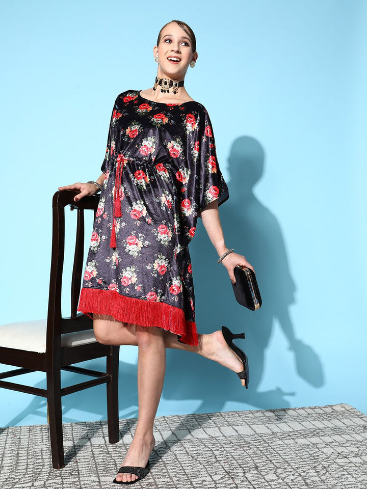 Shae by SASSAFRAS Navy Blue & Red Floral Print Velvet Ethnic Kaftan Dress