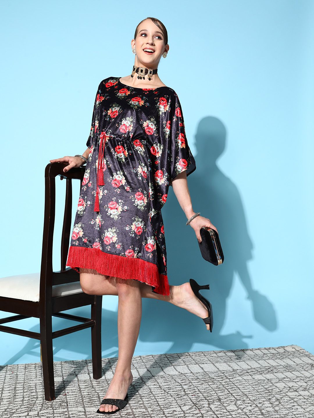 Shae by SASSAFRAS Navy Blue & Red Floral Print Velvet Ethnic Kaftan Dress