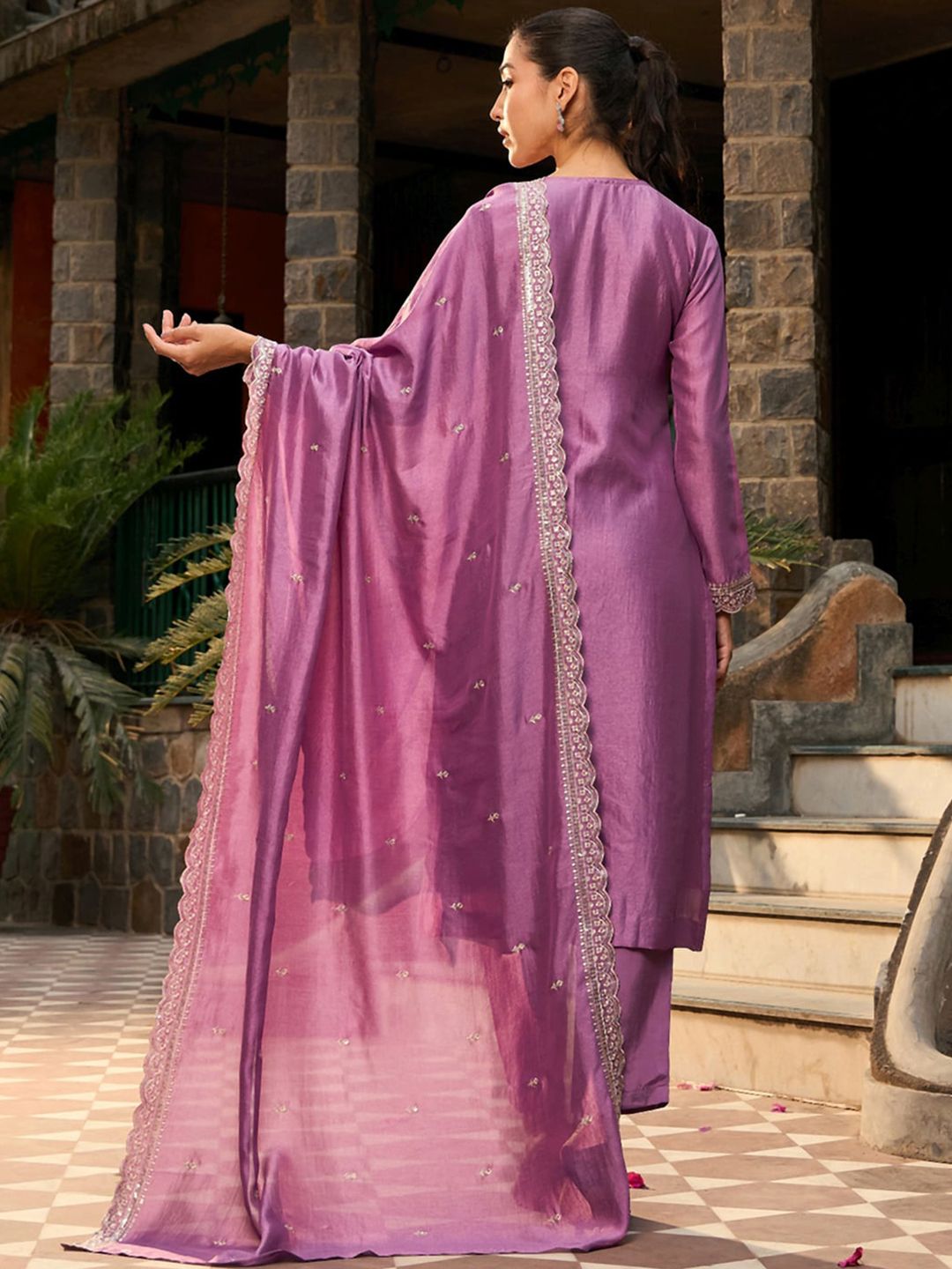 Indo Era Floral Embroidered Regular Thread Work Straight Kurta with Trousers & Dupatta