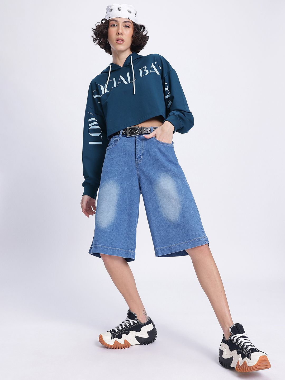 DressBerry Printed Hooded Boxy Crop Sweatshirt