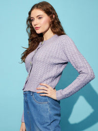 STREET 9 Lavender Self Design Cable Knit Acrylic Cardigan Sweater