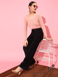 STREET 9 Women Peach-Coloured Ribbed Crop Cardigan