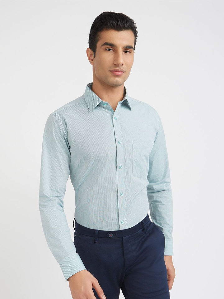 Raymond Men Green And White Slim Fit Micro Checked Pure Cotton Formal Shirt