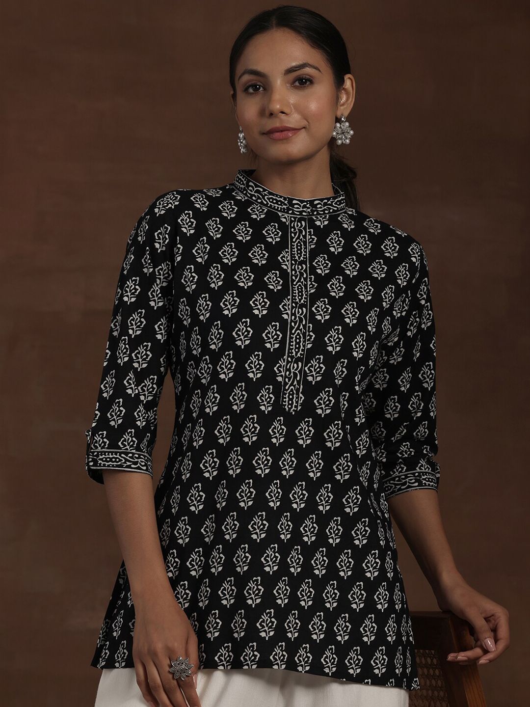 Libas Floral Block Printed High Neck Pure Cotton Straight Kurti