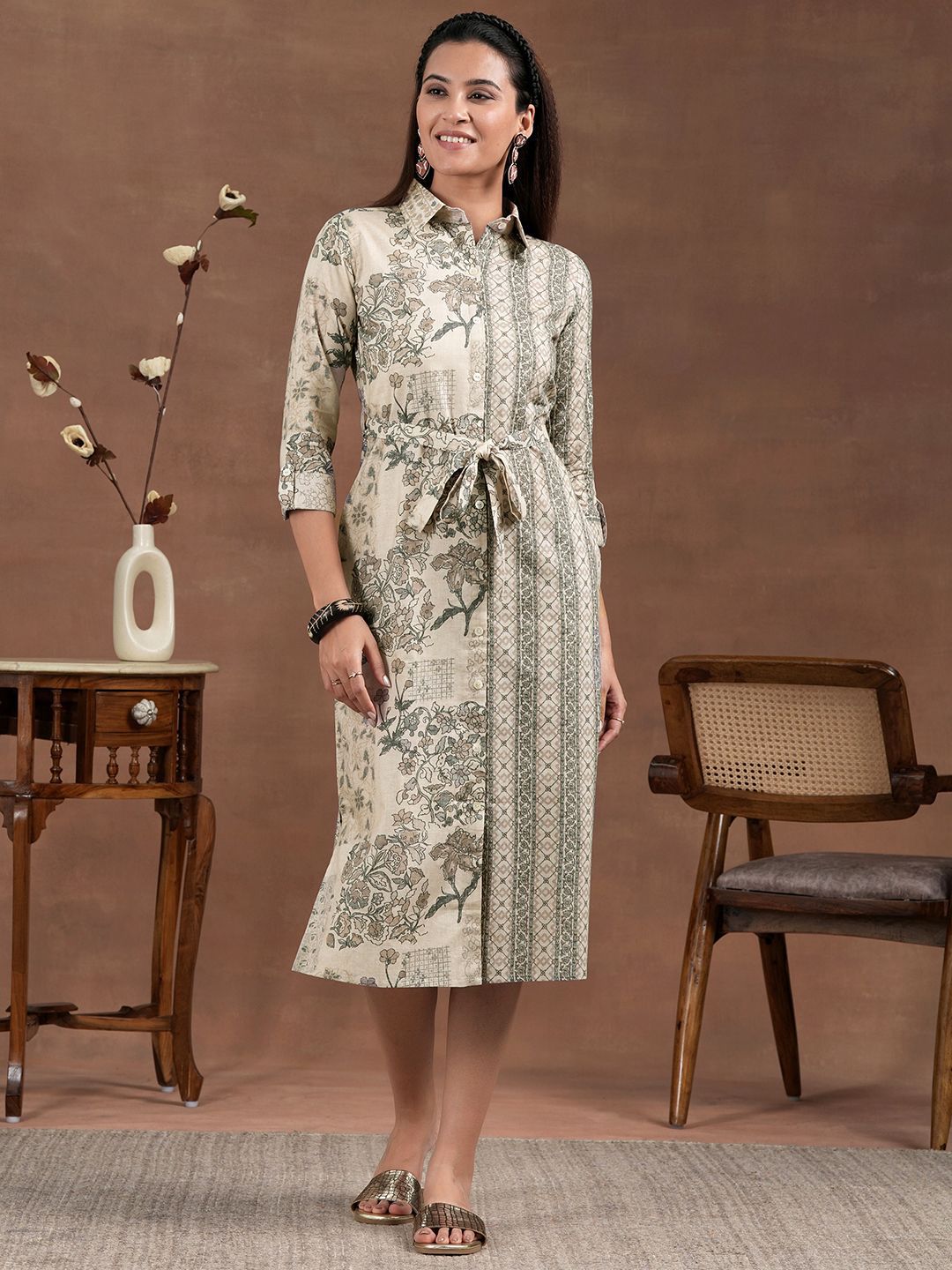Libas Floral Printed Bell Straight Shirt Midi Dress With Waist Belt