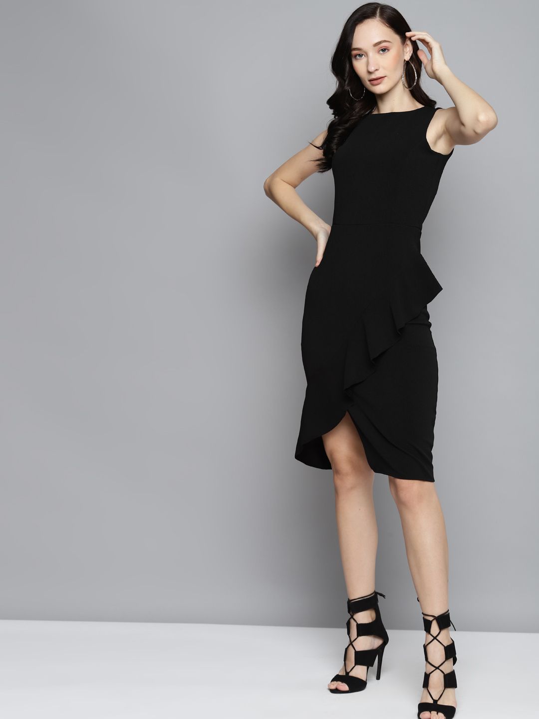 SASSAFRAS Black  One Side Frill Bodycon Dress
