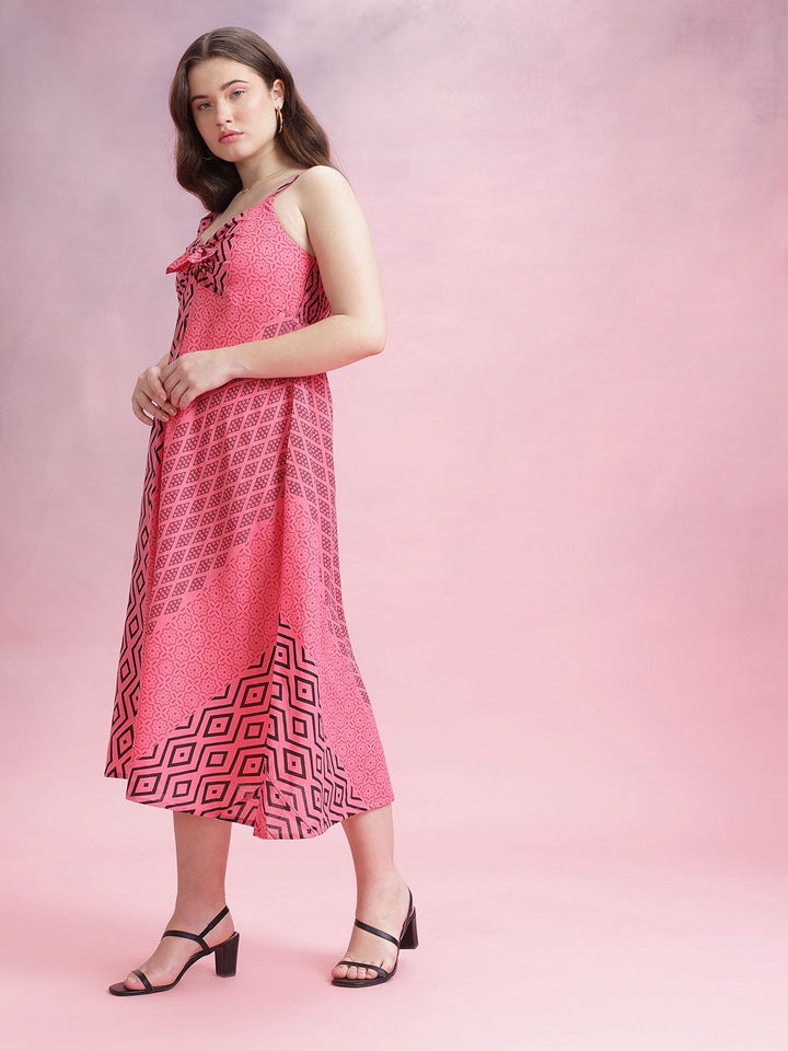 DressBerry Printed Pure Cotton Knot Detail A-Line Midi Dress