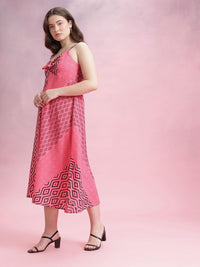 DressBerry Printed Pure Cotton Knot Detail A-Line Midi Dress