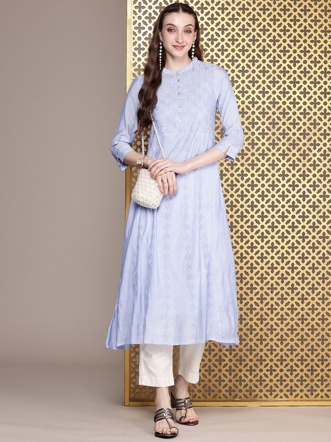 House of Pataudi Jashn Pure Cotton Chikankari Floral Embroidered Thread Work Kurta