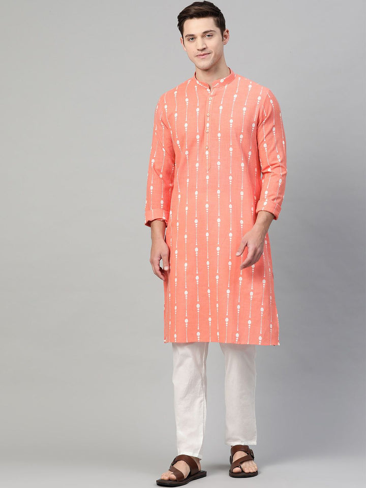 See Designs Men Peach-Coloured & White Self Design Kurta with Pyjamas