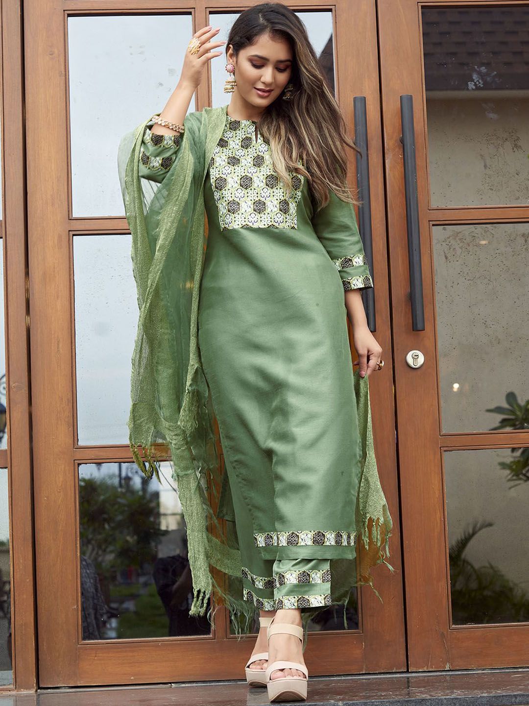 KALINI Ethnic Motifs Printed Silk Blend Straight Kurta With Trousers And Dupatta