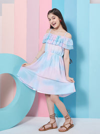 pspeaches Girls Tie & Dye Off-Shoulder Georgette Fit & Flare Dress