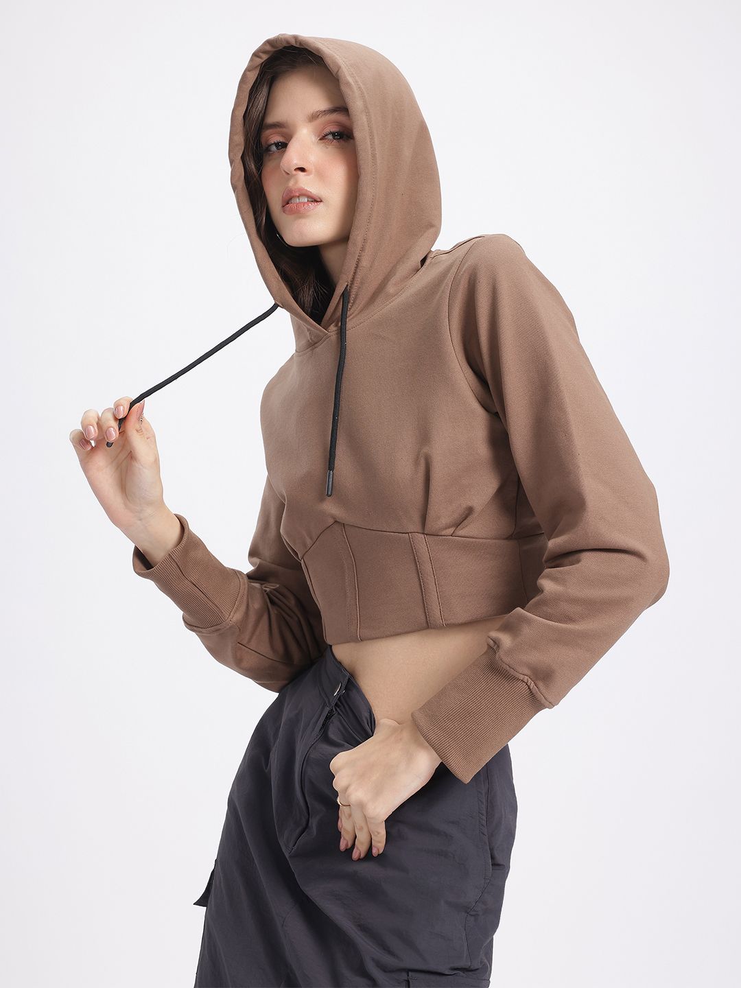 DressBerry Hooded Corset Detail Crop Sweatshirt