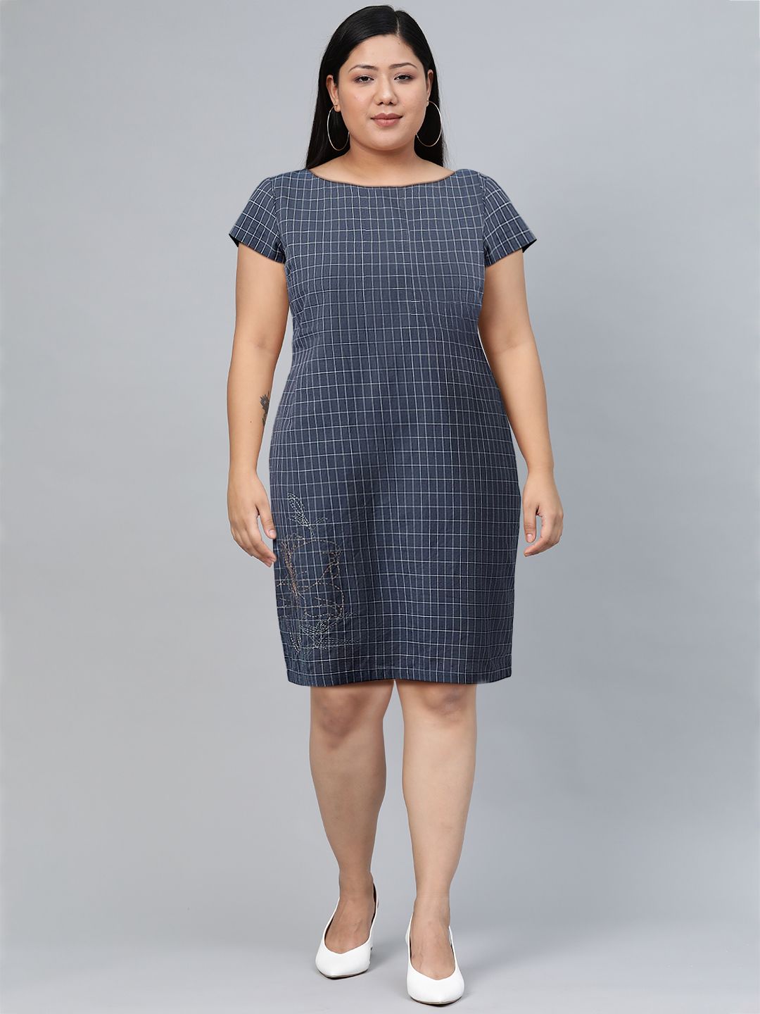 W Blue Checked Pure Cotton Sheath Dress