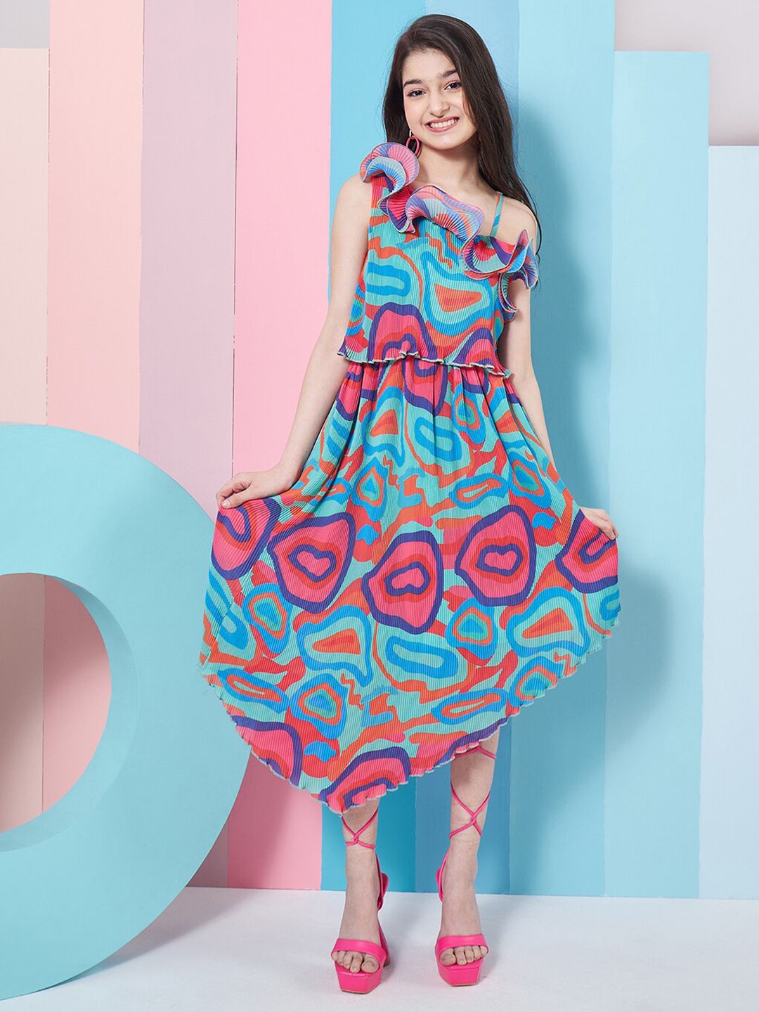 pspeaches Girls Abstract Printed One Shoulder Georgette Fit & Flare Midi Dress