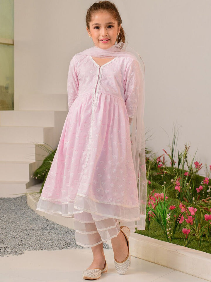 pspeaches Girls Ethnic Motifs Printed Regular Pure Cotton Kurta with Trousers & Dupatta