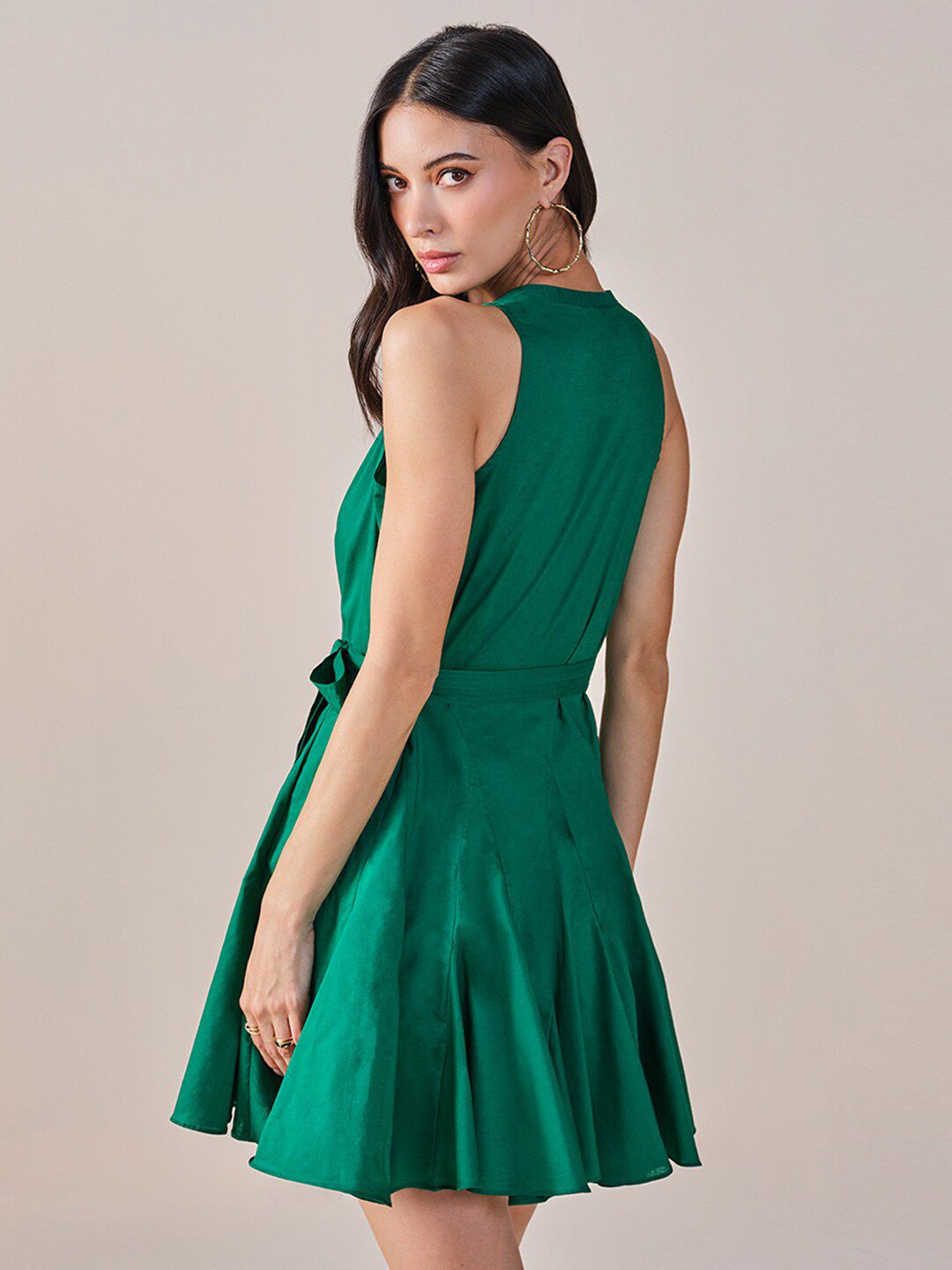 AND Mandarin Collar Sleeveless Belted Cotton Fit & Flare Dress