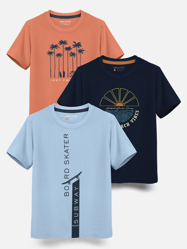HELLCAT Boys Pack Of 3 Printed Cotton T-shirt
