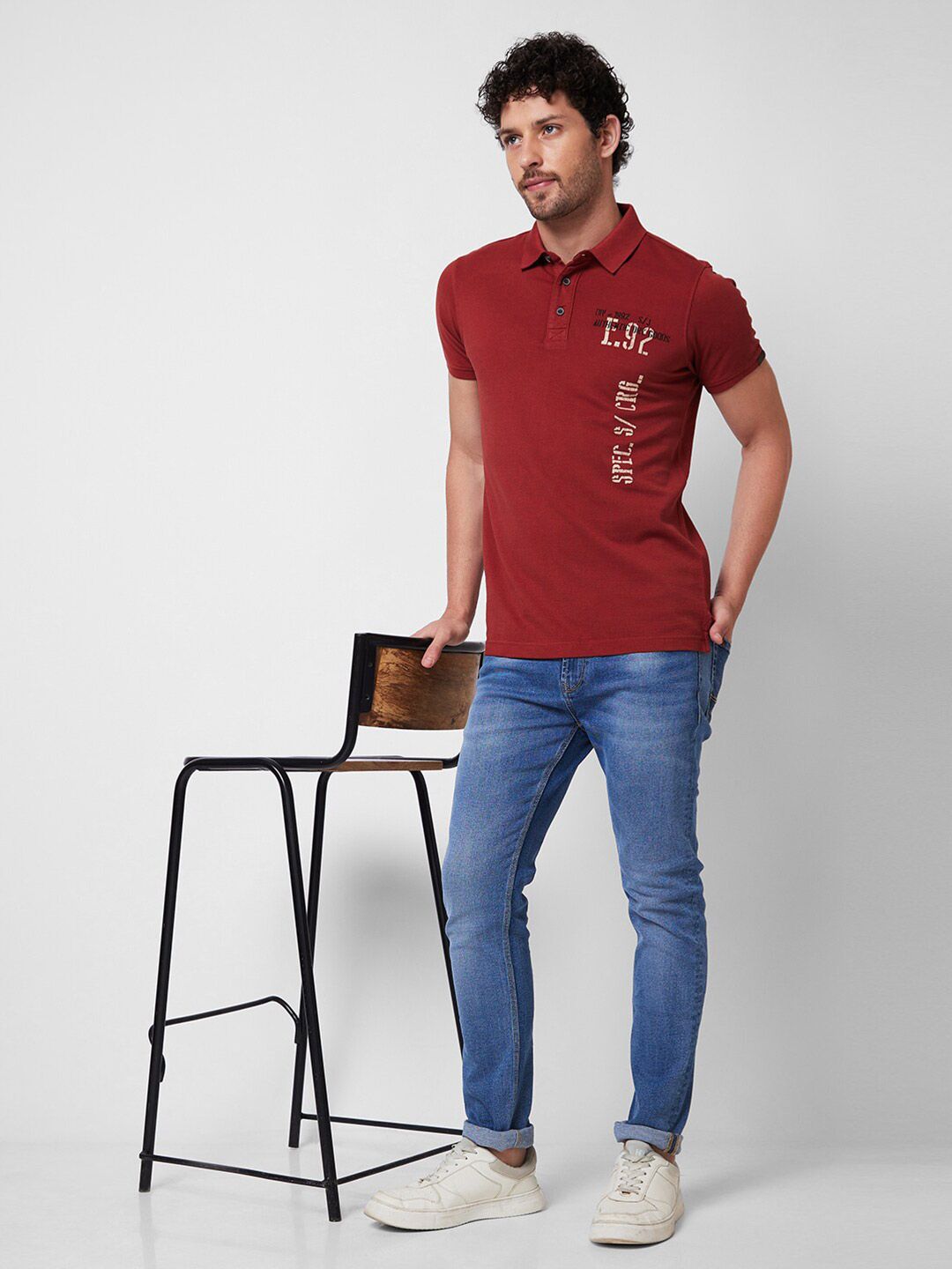 SPYKAR Typography Printed Polo Collar Slim Fit Pure Cotton T-shirt