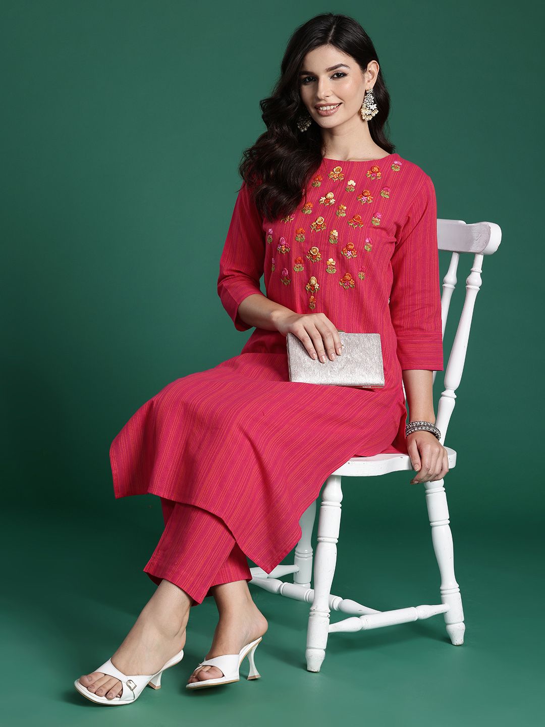 Indo Era Floral Embroidered Thread Work Pure Cotton Kurta with Trousers