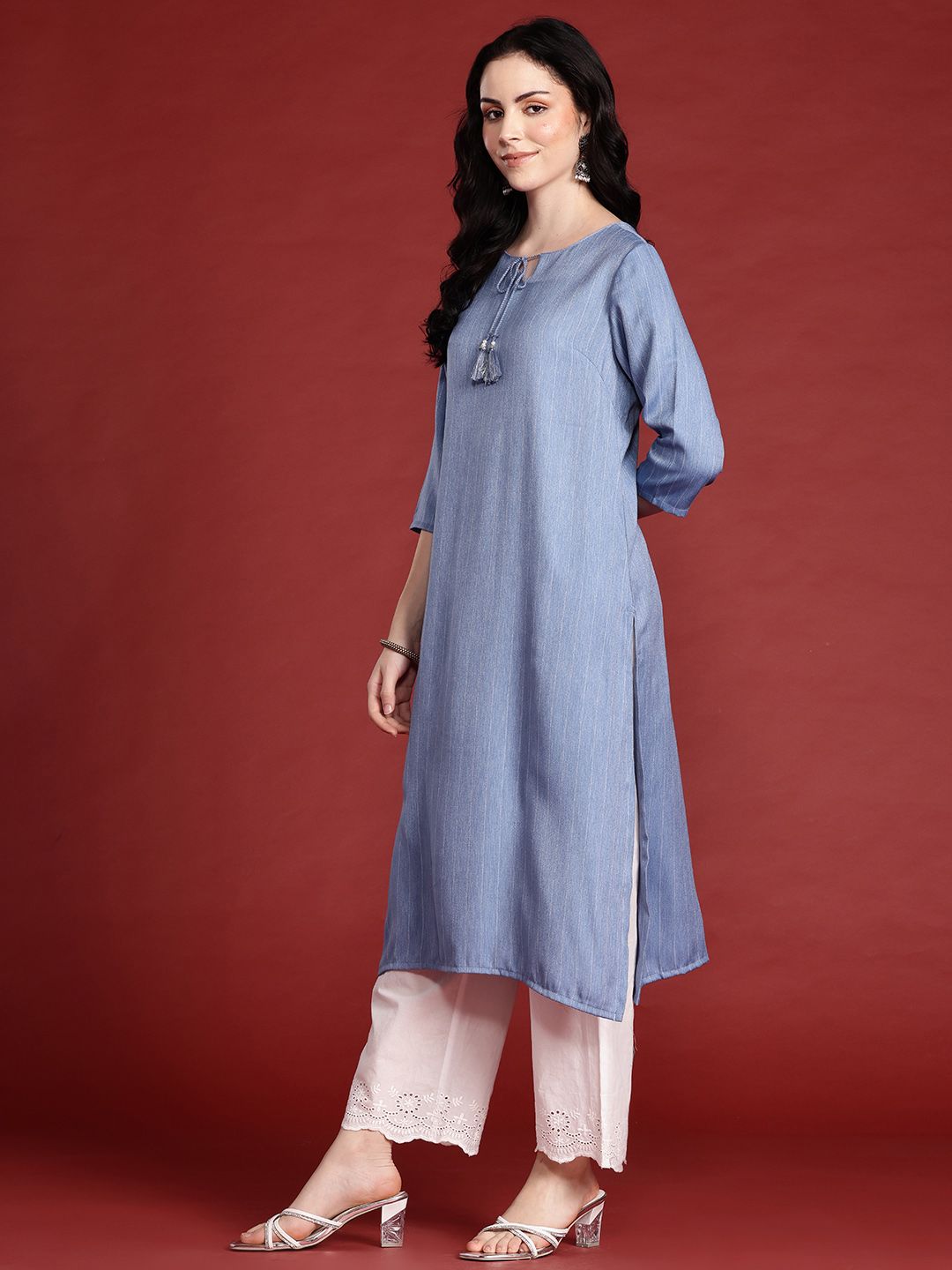Anouk Woven Design Vertical Stripes Tie-Up Neck Straight Kurta