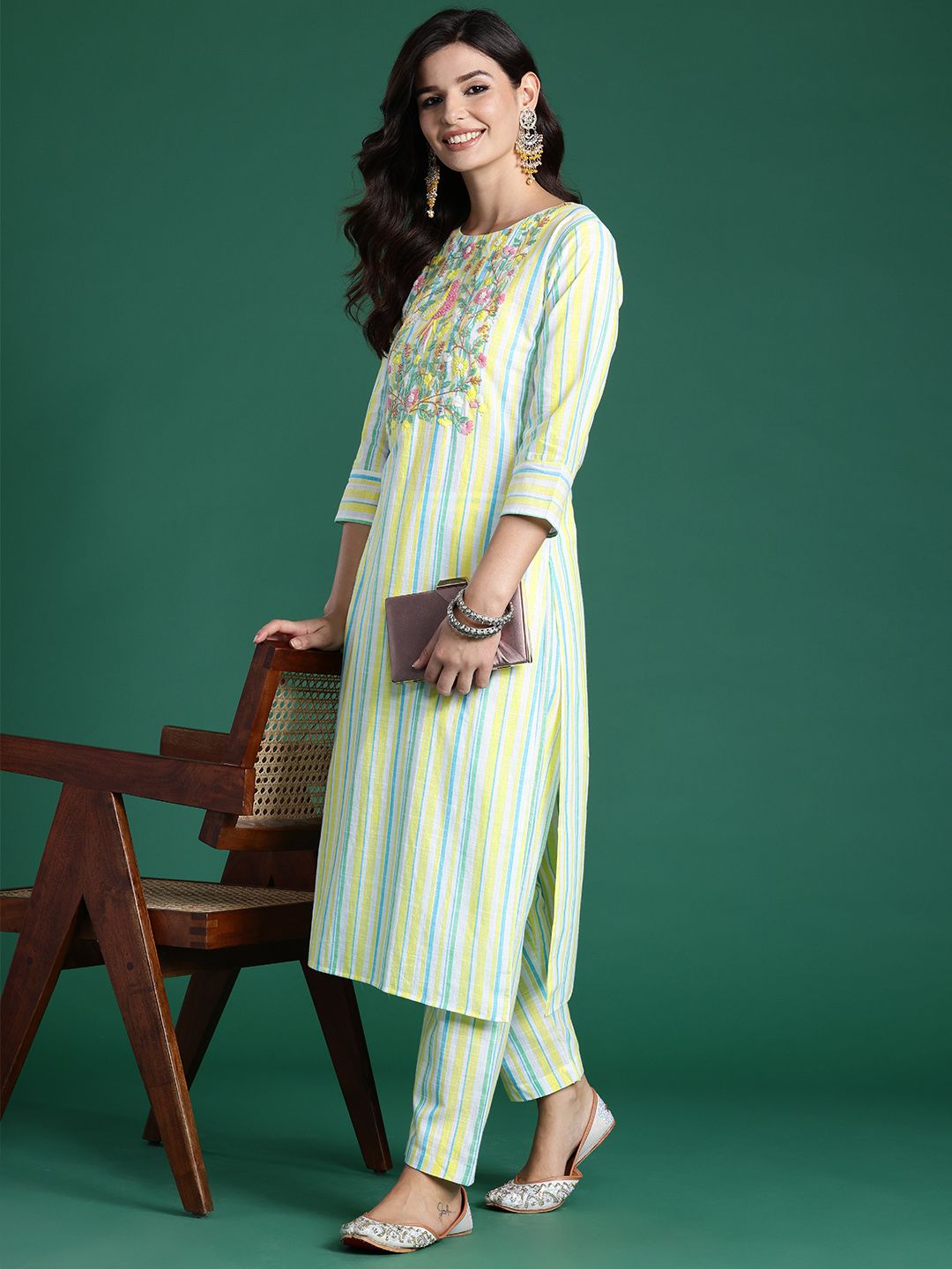Indo Era Women Striped Regular Thread Work Pure Cotton Kurta with Trousers