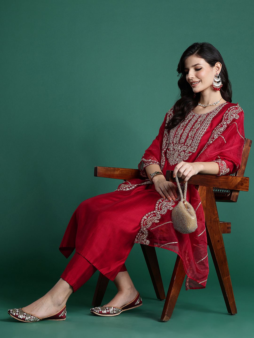Indo Era Ethnic Motifs Embroidered Sequinned Liva Kurta With Trousers & Dupatta