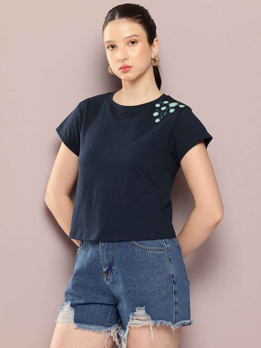 DILLINGER Women Regular Cropped Fit Embroidery Crew Neck Tshirt