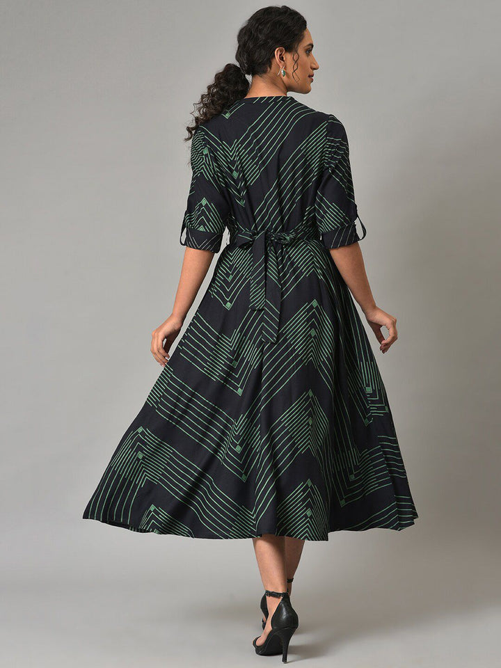 W Geometric Printed Roll-Up Sleeves Midi Dress