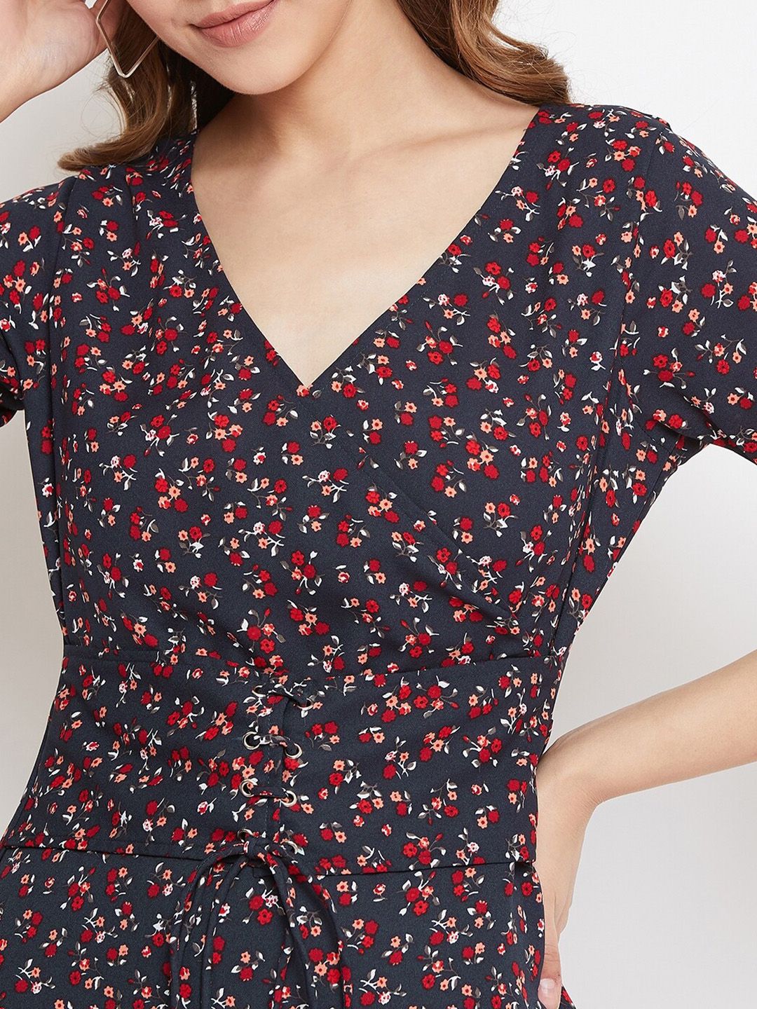 Berrylush Women Navy Blue & Red Micro Floral Printed Fit and Flare Dress