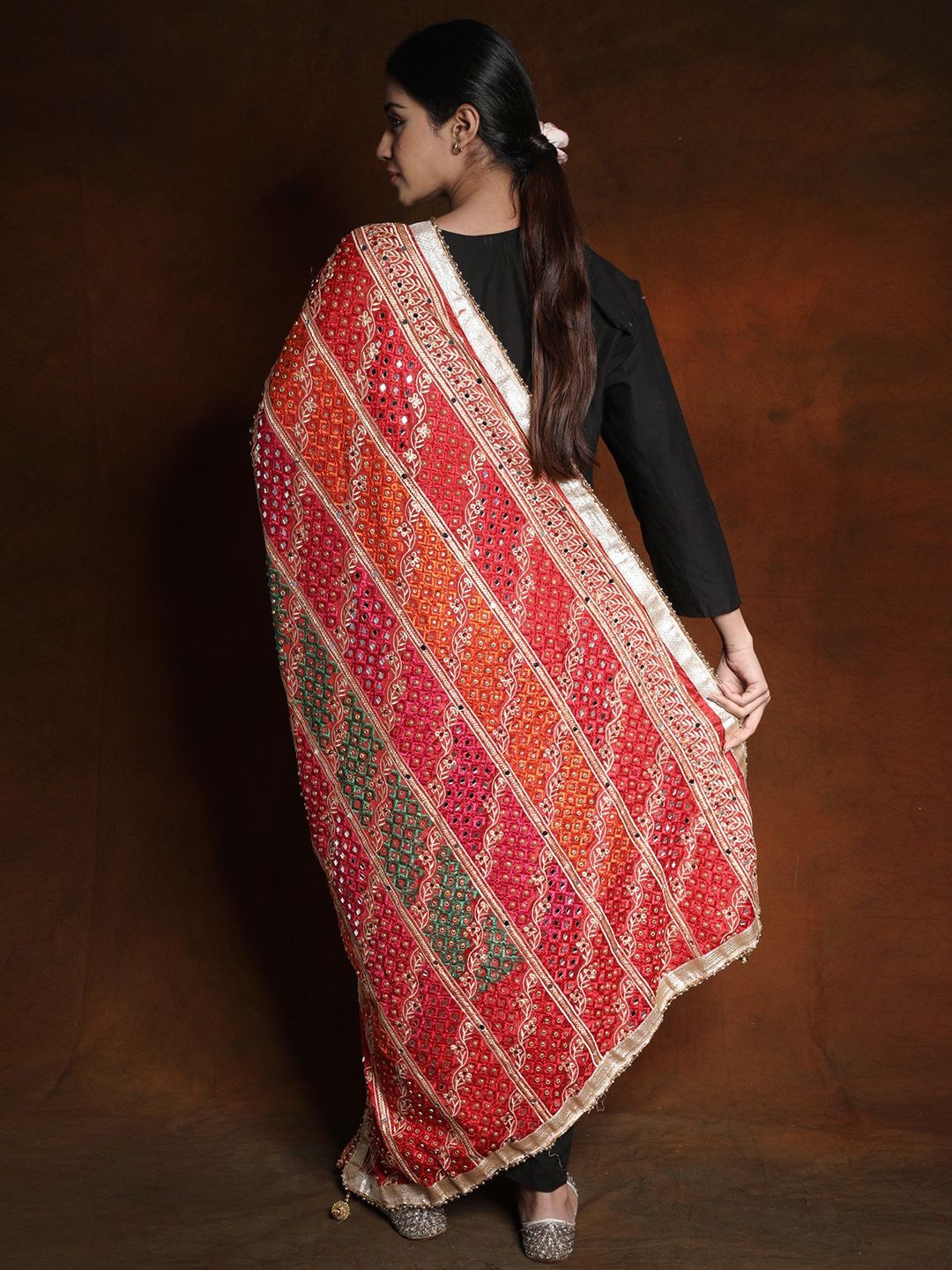 Exotic India True Red Phulkari Mirror Embroidered Silk Dupatta and Gotapatti Border