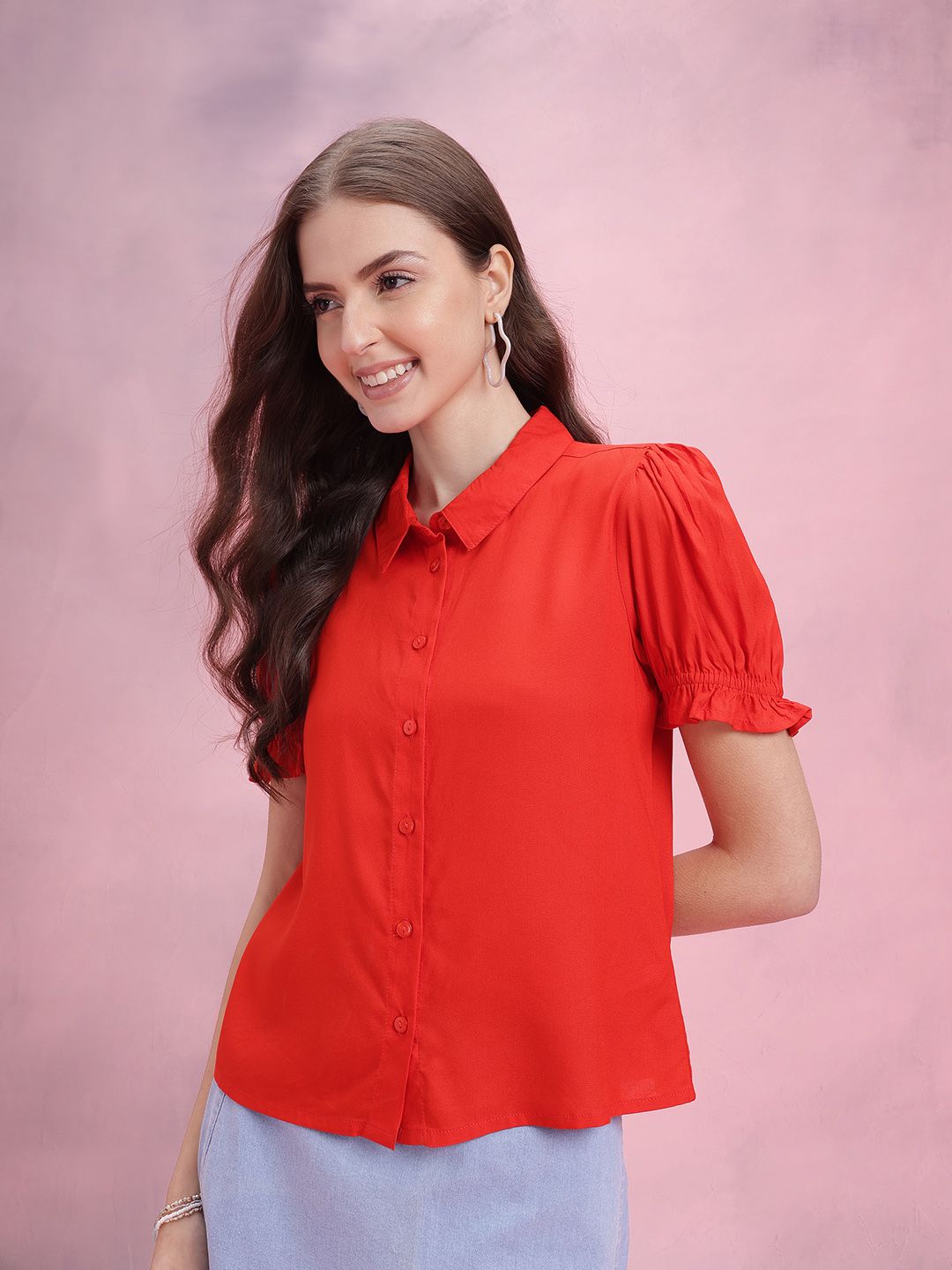 DressBerry Solid Puff Sleeves Casual Shirt