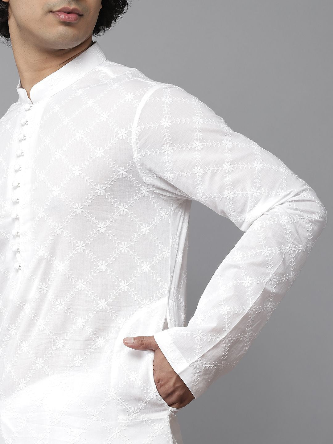 See Designs Men White Embroidered Chikankari Pure Cotton Kurta with Pyjamas