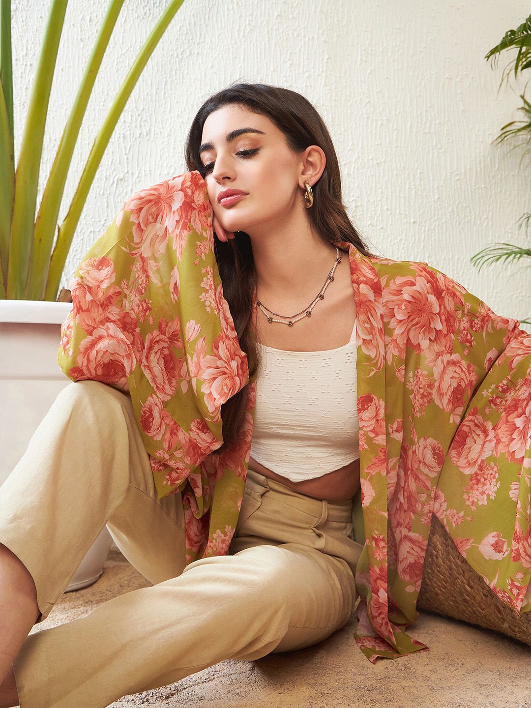 SASSAFRAS Green Floral Printed Kimono Shrug
