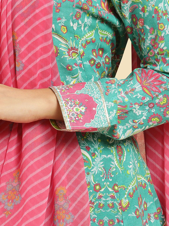 W Green Floral Printed Anarkali Thread Work Kurta With Leggings And Dupatta