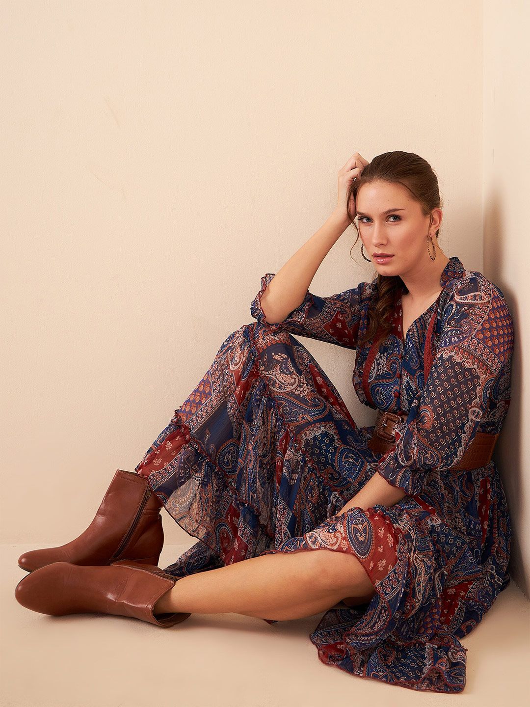 Antheaa Blue Floral Printed Puff Sleeves Chiffon Lace Inserts Tiered A-Line Midi Dress