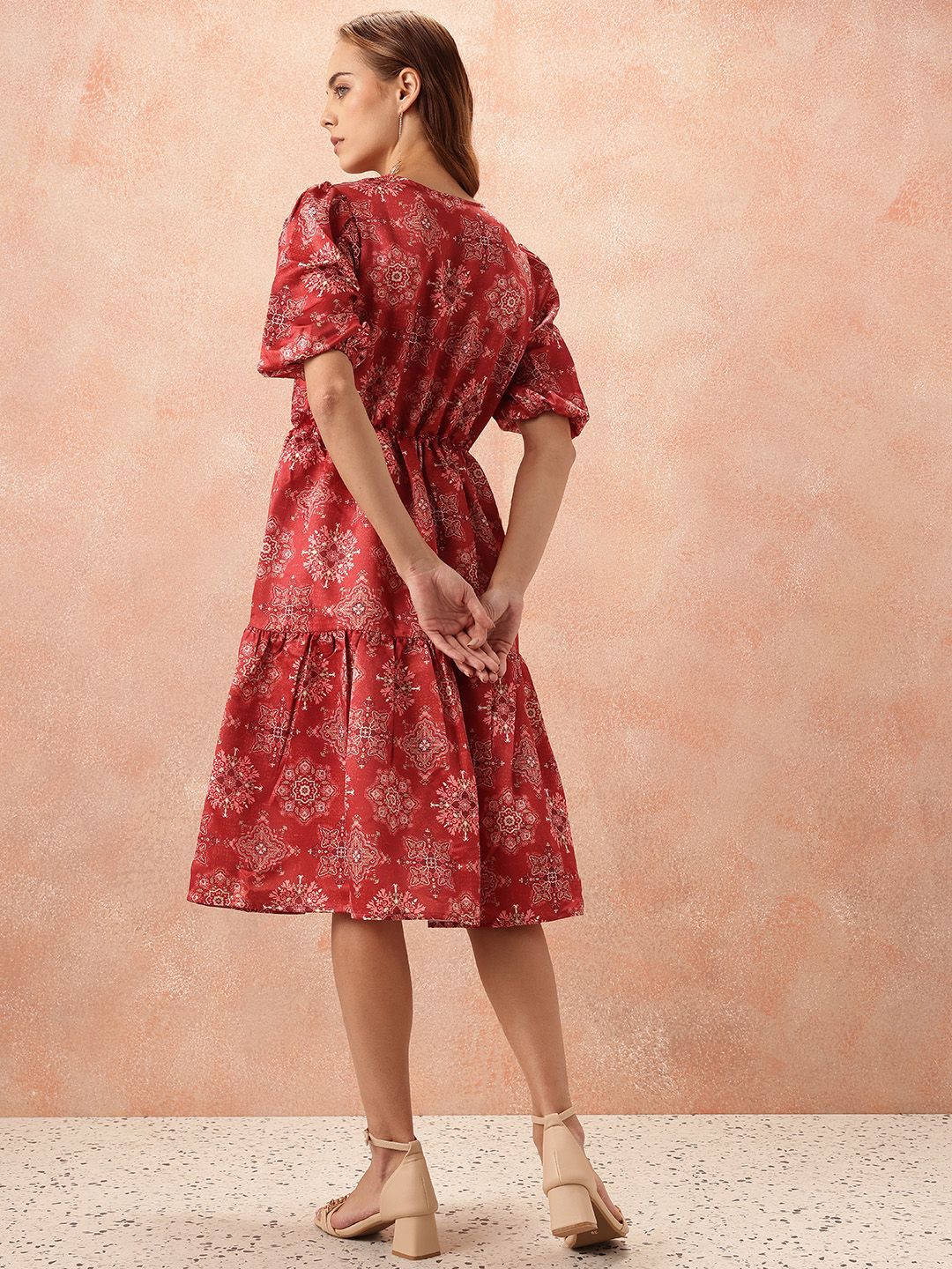 all about you Ethnic Motifs Print Puff Sleeves Wrap-Style Dress