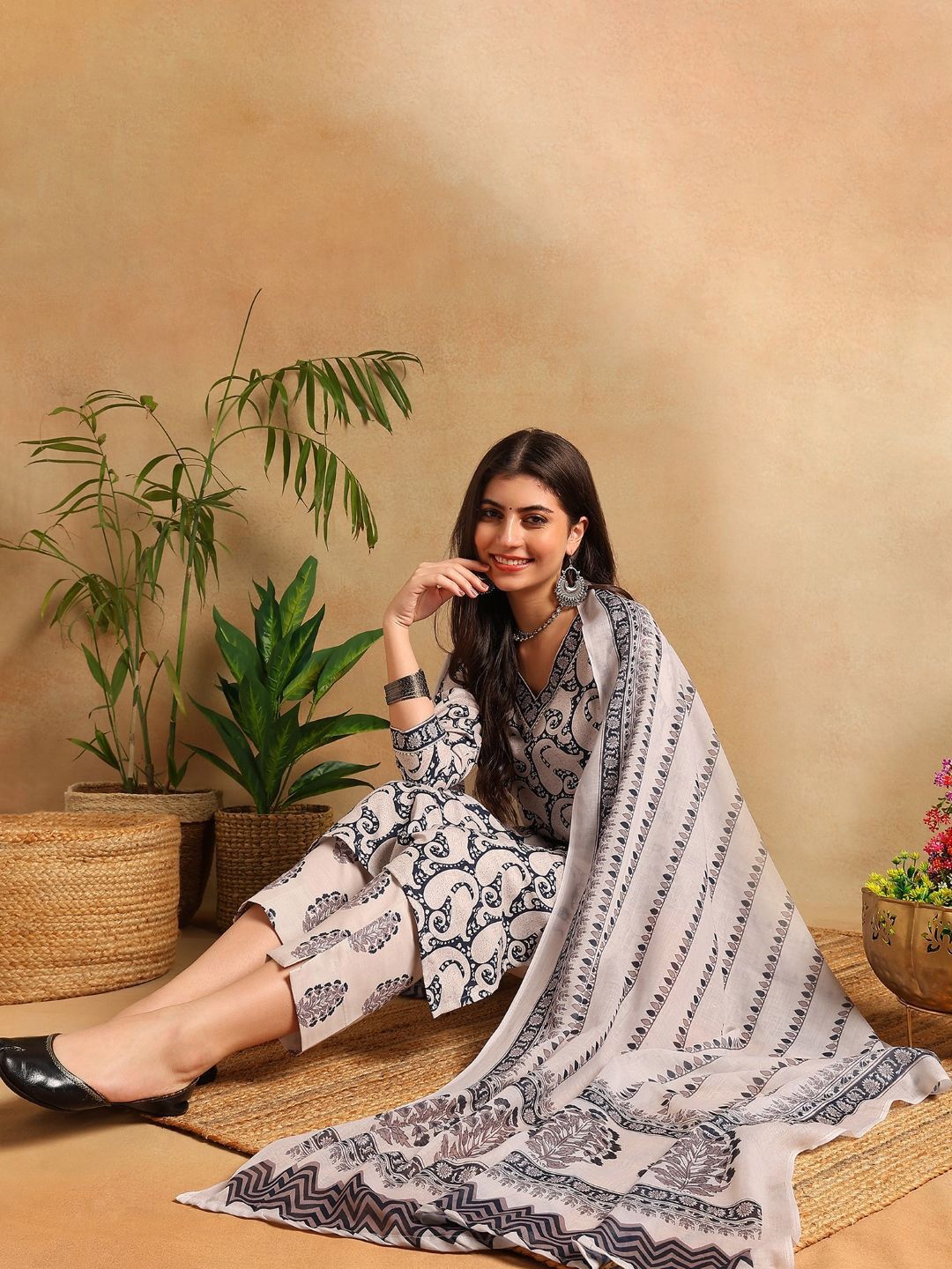 KALINI Paisley Printed V-Neck Straight Gotta Patti Kurta With Trousers & Dupatta