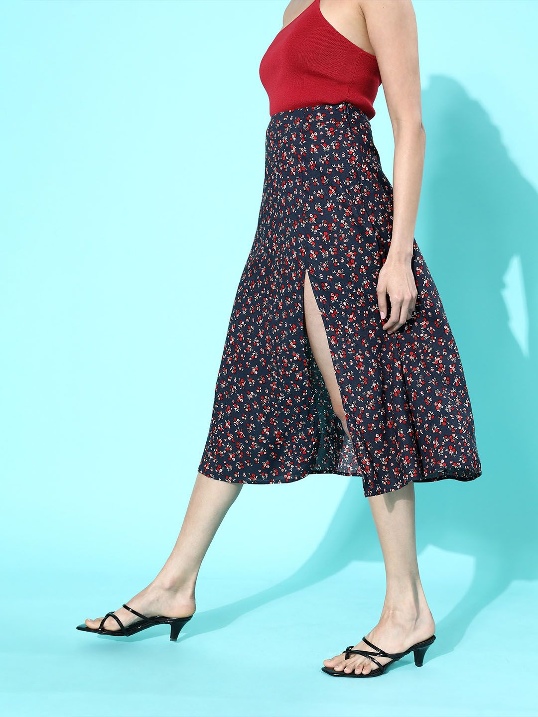 Berrylush Navy Blue Micro or Ditsy Floral Printed Polyester Crepe Casual Midi Flared Skirt