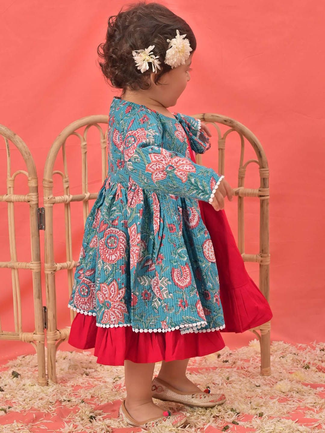 VASTRAMAY Girls Cotton Dress With Printed Jacket