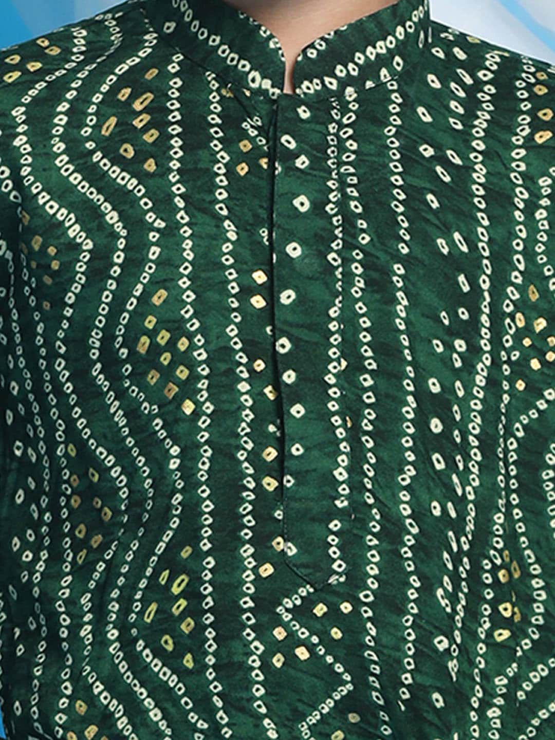 VASTRAMAY Boys Green Bandhani Printed Kurta with Dhoti Pants