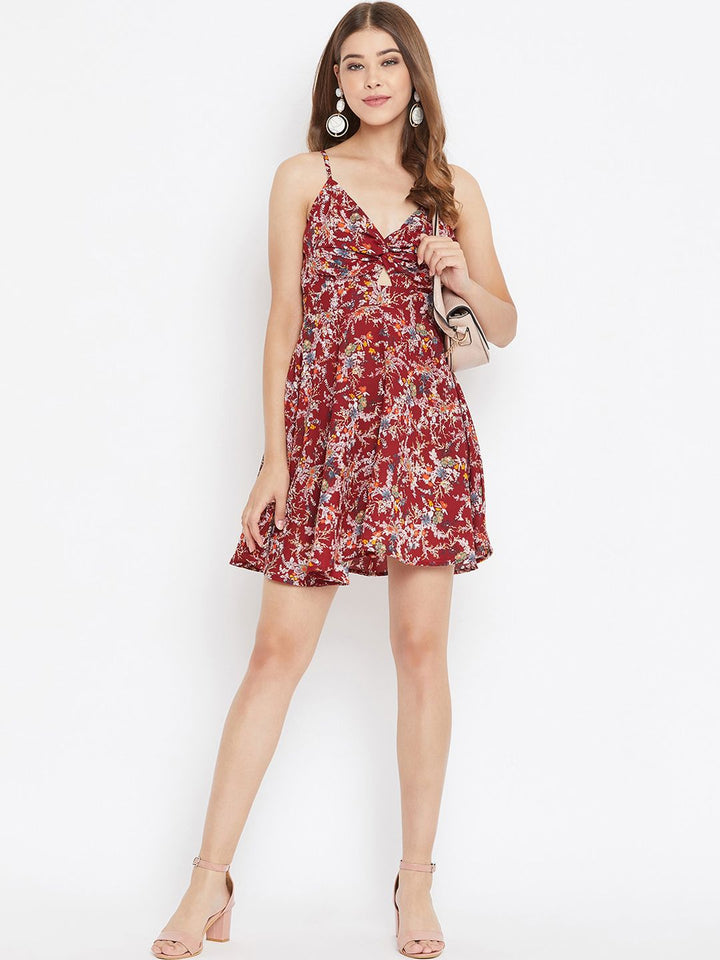 Berrylush Women Maroon Floral Printed Front Twist Knot Fit and Flare Dress