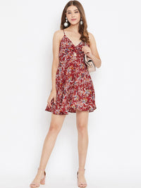 Berrylush Women Maroon Floral Printed Front Twist Knot Fit and Flare Dress