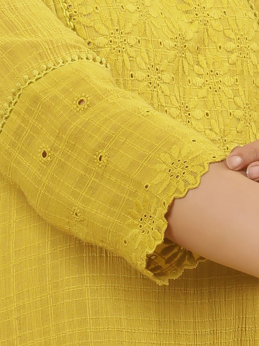 W Yellow Floral Yoke Design Thread Work Pure Cotton Straight Kurta