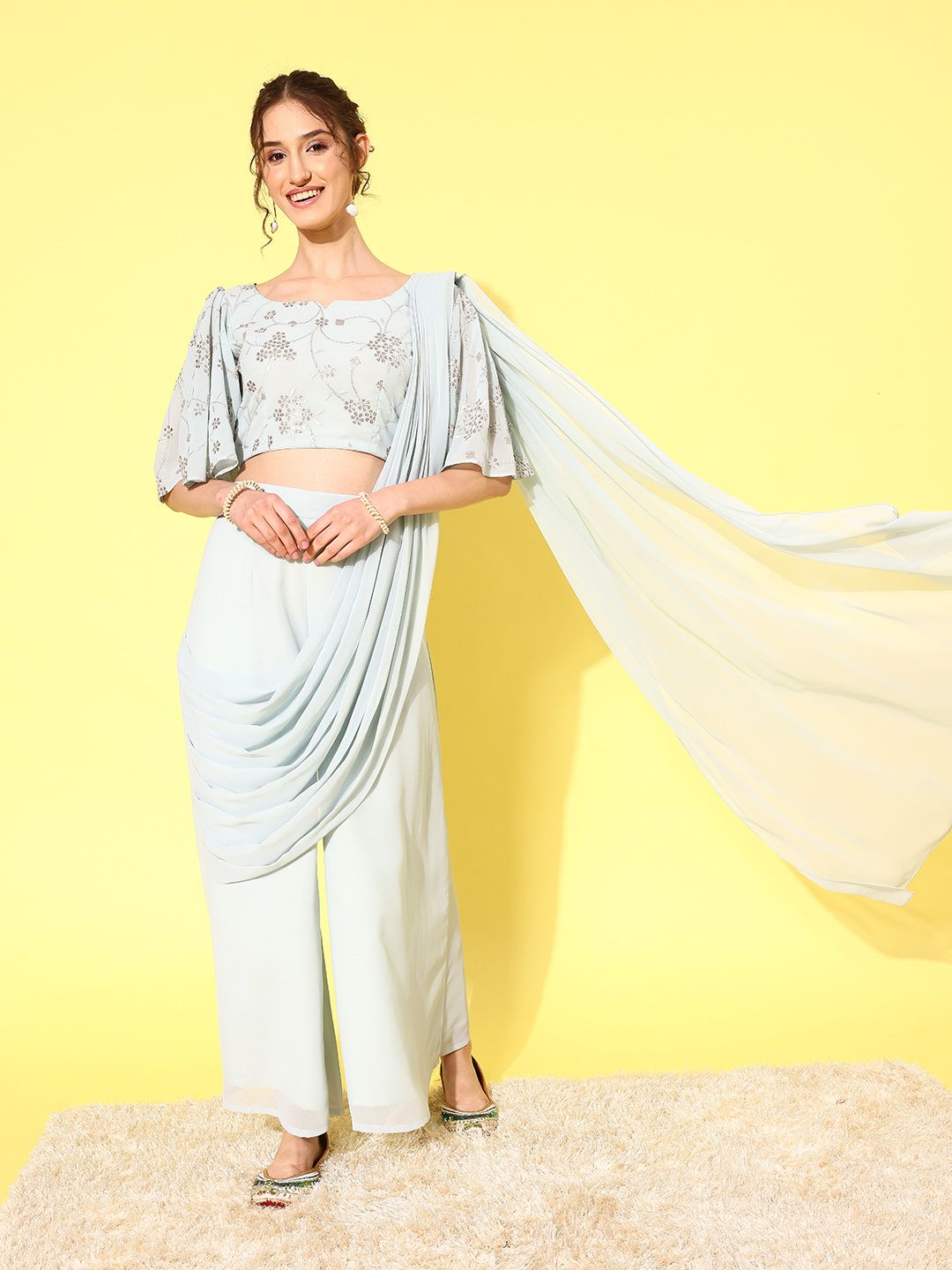 Libas Floral Embroidered Pure Georgette Palazzo Saree